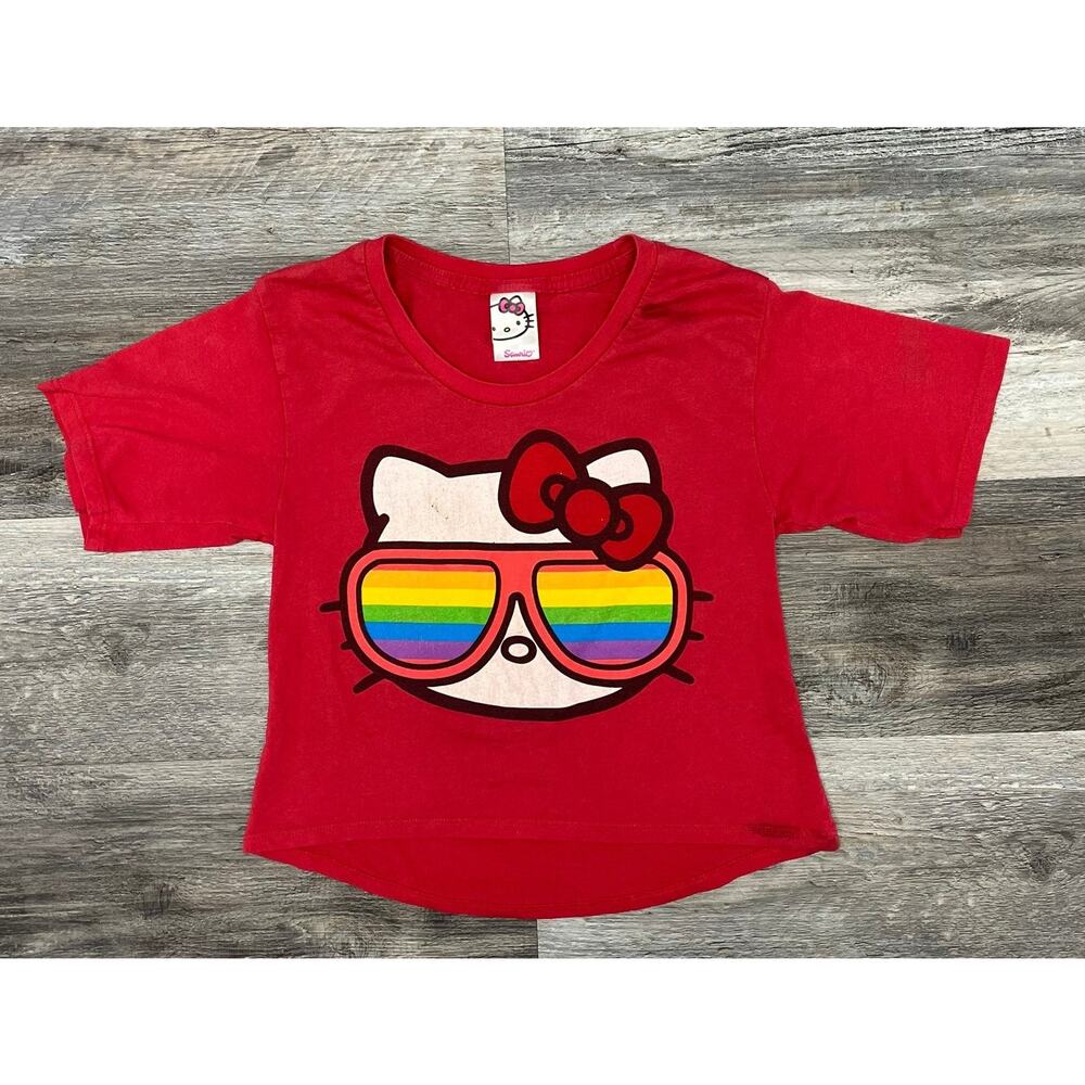 y2k 2007 Sanrio Hello‎ Kitty Rainbow Sunglasses Red Womens S T-Shirt Mexico Made